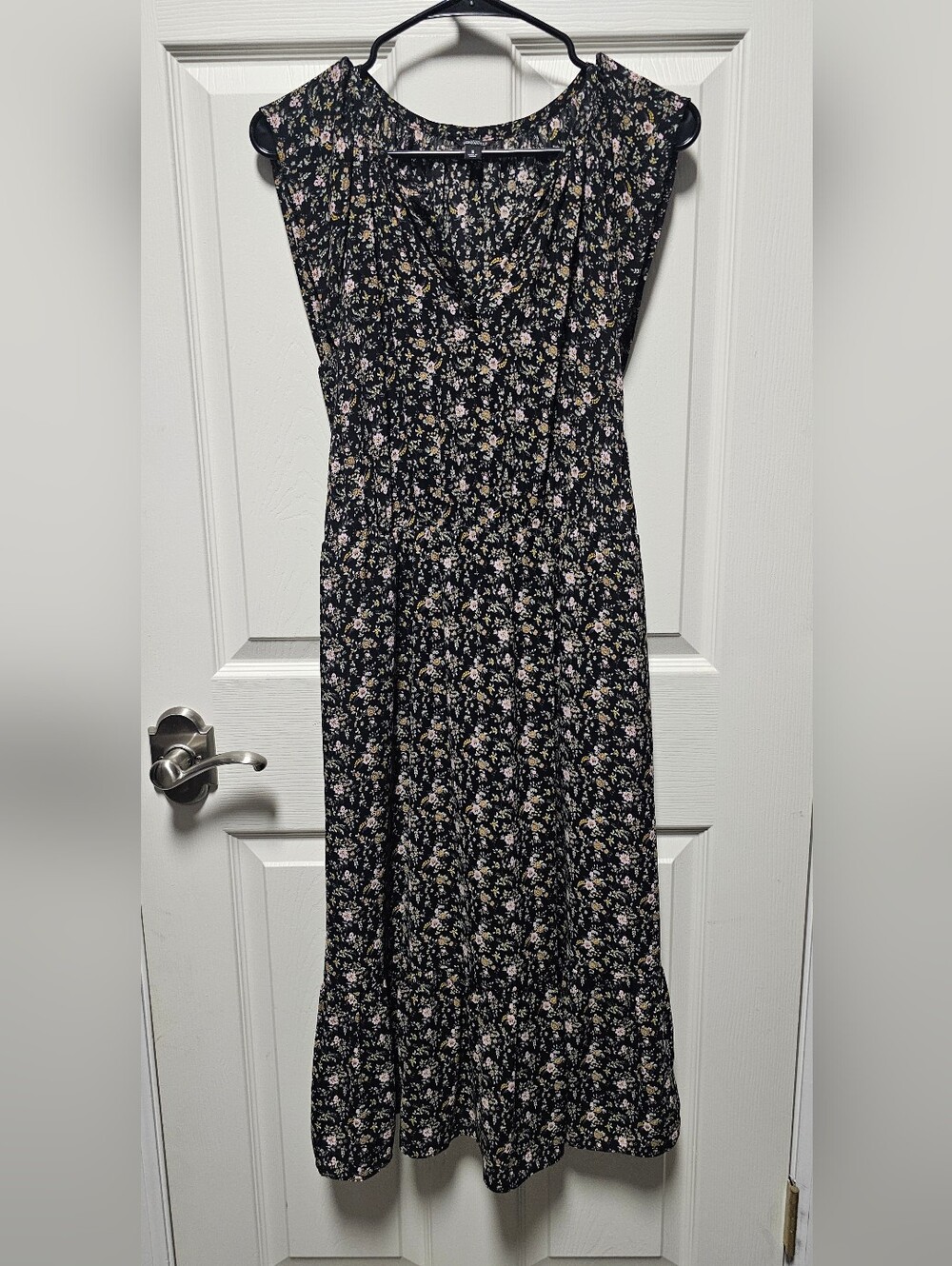 Black Midi Dress with Pink and Cream Floral Print
